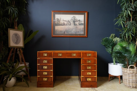 Antique Yew Wood Military Campaign Style Pedestal Desk c 1930s