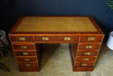 Antique Yew Wood Military Campaign Style Pedestal Desk c 1930s