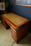 Antique Yew Wood Military Campaign Style Pedestal Desk c 1930s