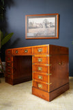 Antique Yew Wood Military Campaign Style Pedestal Desk c 1930s
