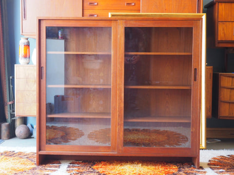 Danish Style Large Teak Glass Fronted Bookcase Storage - erfmann-vintage