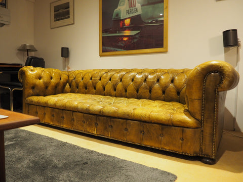 Shabby Chic Green/yellow Leather Chesterfield 3 Seater Sofa - erfmann-vintage