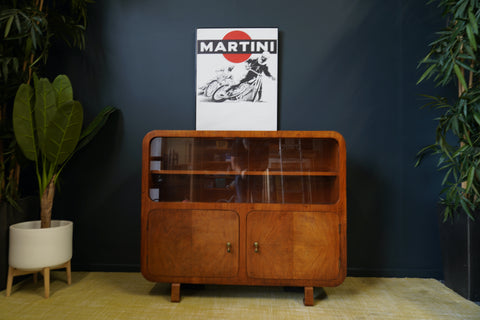 Antique Art Deco Walnut Display Cabinet 1920s Storage Cupboard