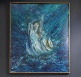 Abstract Art - Dark Blue Sailing Vessel within Choppy Seas M. Buttery 1967