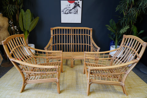 Mid Century Rattan & Bamboo Living Room Conservatory Suite Sofa Armchairs