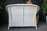 Mid Century High Backed Lloyd Loom Style Wicker Rattan White Garden/Conservatory Two Seater Sofa