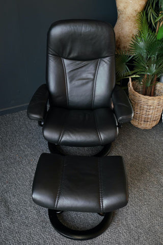 Stressless Consul Classic Black Leather Reclining Armchair & Footstool 