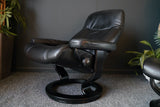 Stressless Consul Classic Black Leather Reclining Armchair & Footstool