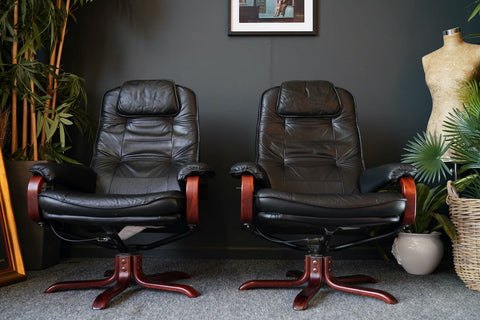 Mid Century Pair of Danish Style Reclining Swivel Armchairs Black Leather & Rosewood Effect