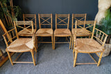 Mid Century VIntage 1960s-1970s Oriental Chic 6 Bamboo & Rattan/Rush Seat Dining Chairs Incl 2 Carvers