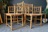 Mid Century VIntage 1960s-1970s Oriental Chic 6 Bamboo & Rattan/Rush Seat Dining Chairs Incl 2 Carvers