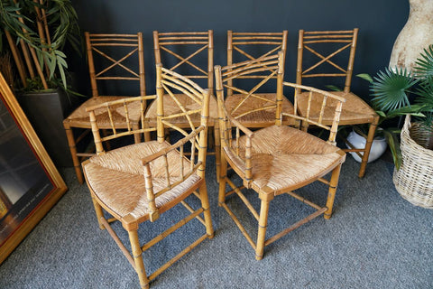 Mid Century VIntage 1960s-1970s Oriental Chic 6 Bamboo & Rattan/Rush Seat Dining Chairs Incl 2 Carvers