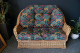 Mid Century 1970s/80s Wicker Rattan Garden Conservatory Furniture Set - Sofa Chairs Table Floral cushions