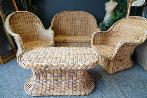 Mid Century 1970s Wicker Rattan Garden Conservatory Furniture Set - Sofa Chairs Table Floral cushions