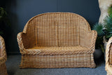 Mid Century 1970s Wicker Rattan Garden Conservatory Furniture Set - Sofa Chairs Table Floral cushions