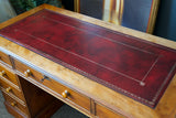 Antique Style Twin Pedestal Desk in Yew Wood Veneer with Red Leather Top