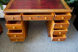Antique Twin Pedestal Desk in Pale Yew Wood Red Leather Top