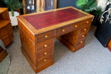Antique Style Twin Pedestal Desk in Yew Wood Veneer with Red Leather Top