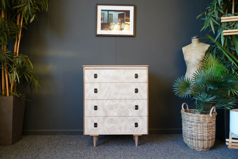 Mid Century Hollywood Regency 1960s Pearlescent Formica Small Chest of Drawers