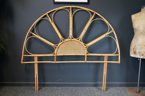 Mid Century 1970s Large Double / King Size Bamboo & Cane Rattan Peacock / Sunburst Headboard