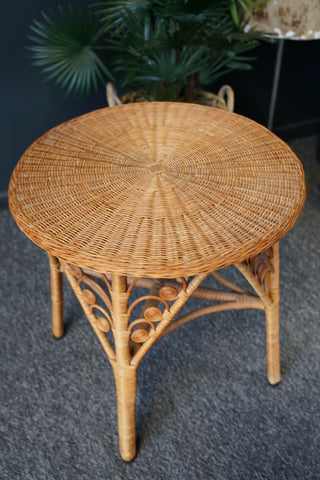 Mid Century Vintage Round Bamboo / Rattan Side Conservatory Table 