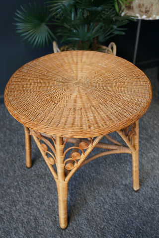 Mid Century Vintage Round Rattan Wicker Side Conservatory Table