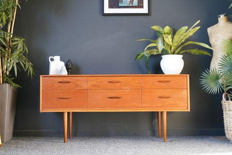 Mid Century Vintage Teak Sideboard with Six Short Drawers Central Handles