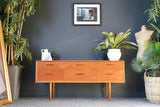 Mid Century Vintage Teak Sideboard with Six Short Drawers Central Handles