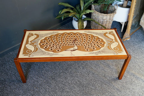 Mid Century Vintage 1970s Peacock Tiled Topped Large Coffee Table
