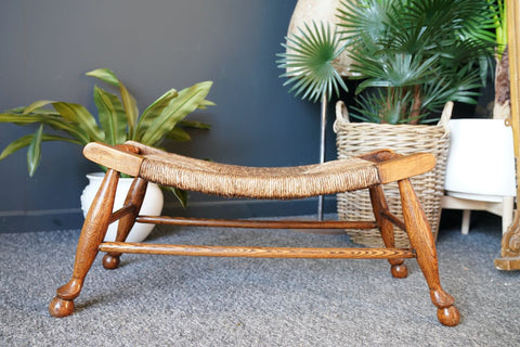 Antique Arts Crafts Solid Oak Wicker Rattan Woven FootStool