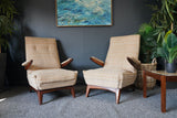 Mid Century Danish Low Rosewood Armchairs Original Checked Fabric