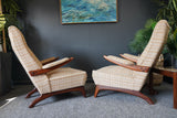 Mid Century Danish Low Rosewood Armchairs Original Checked Fabric
