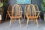 Mid Century Ercol Quaker Elm & Beech Wood Dining Chairs Set of 6 With Carvers