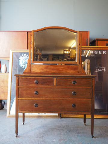 Edwardian Walnut Dressing Table with Mirror Inlaid with Decoration - erfmann-vintage