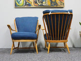 Vintage Mid Century Ercol Beech Wood Armchairs & Footstools Reupholstered - erfmann-vintage