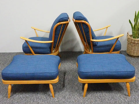 Vintage Mid Century Ercol Beech Wood Armchairs & Footstools Reupholstered - erfmann-vintage