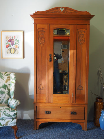 Edwardian Satinwood Wardrobe Armoire with Mirror Rustic Country Style - erfmann-vintage