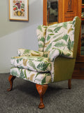 Queen Anne Style Botanical Green Print & Walnut Winged Back Chair - erfmann-vintage