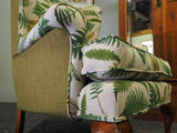 Queen Anne Style Botanical Green Print & Walnut Winged Back Chair - erfmann-vintage