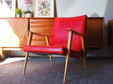 Mid Century Danish Style Easy Chair in Vibrant Red Vinyl - erfmann-vintage
