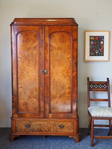 Victorian Burr Walnut Armoire / Wardrobe Original Wall Paper Inside - erfmann-vintage