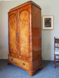 Victorian Burr Walnut Armoire / Wardrobe Original Wall Paper Inside - erfmann-vintage