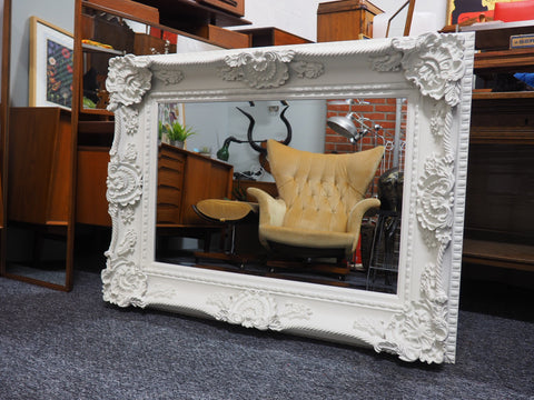 Very Large Ornate NeoClassical Moulded Carved Framed White Mirror - erfmann-vintage