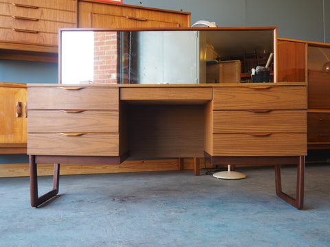 Mid Century Teak Veneer Europa Furniture Dressing Table with Mirror (could be converted into a Desk) - erfmann-vintage