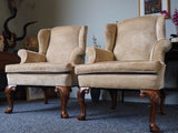 Antique Pair of Early Victorian Wingback Armchairs In Cream/Gold - erfmann-vintage