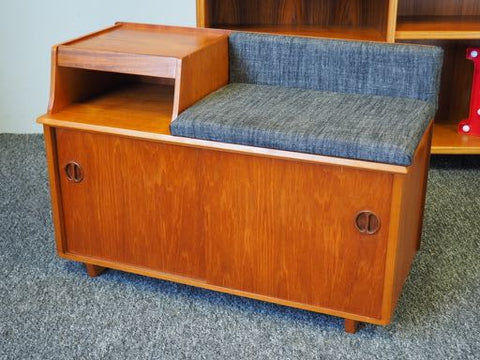 Mid Century Vintage Teak Telephone Table Reupholstered Seat Storage - erfmann-vintage