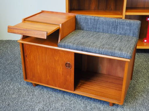 Mid Century Vintage Teak Telephone Table Reupholstered Seat Storage
