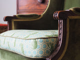 Edwardian Wing Back Chair in Green Velvet Recovered Seat - erfmann-vintage