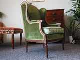 Edwardian Wing Back Chair in Green Velvet Recovered Seat - erfmann-vintage