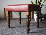 Antique Style Footstool Upholstered in Red Leather with Mahogany Legs - erfmann-vintage
